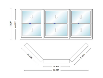 Andersen 400 Series Double Hung Bay Window 88 5/8" Wide Double Hung With Double Hung Flankers 45 Degree Angle Of Deflection Vinyl Exterior Wood Interior Low-E4 Dual Pane Argon Gas
