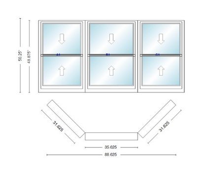 Andersen 400 Series Double Hung Bay Window 88 5/8" Wide Double Hung With Double Hung Flankers 45 Degree Angle Of Deflection Vinyl Exterior Wood Interior Low-E4 Dual Pane Argon Gas