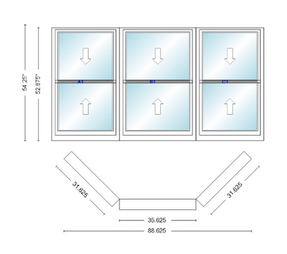 Andersen 400 Series Double Hung Bay Window 88 5/8" Wide Double Hung With Double Hung Flankers 45 Degree Angle Of Deflection Vinyl Exterior Wood Interior Low-E4 Dual Pane Argon Gas