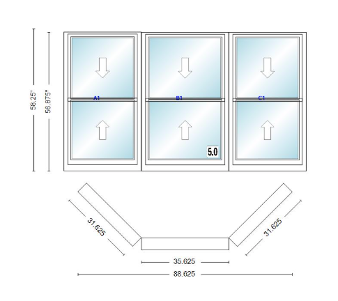 Andersen 400 Series Double Hung Bay Window 88 5/8" Wide Double Hung With Double Hung Flankers 45 Degree Angle Of Deflection Vinyl Exterior Wood Interior Low-E4 Dual Pane Argon Gas