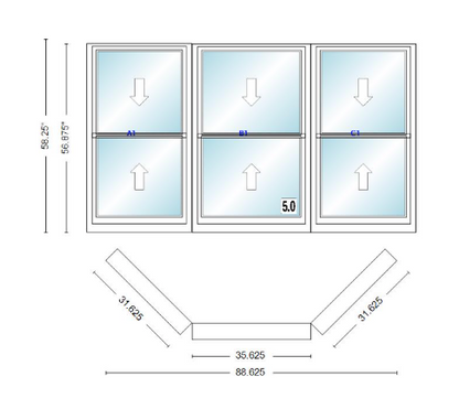 Andersen 400 Series Double Hung Bay Window 88 5/8" Wide Double Hung With Double Hung Flankers 45 Degree Angle Of Deflection Vinyl Exterior Wood Interior Low-E4 Dual Pane Argon Gas