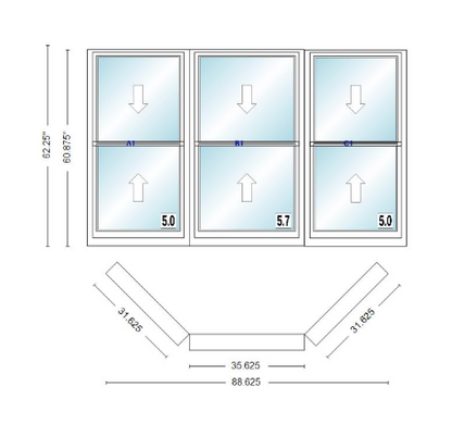 Andersen 400 Series Double Hung Bay Window 88 5/8" Wide Double Hung With Double Hung Flankers 45 Degree Angle Of Deflection Vinyl Exterior Wood Interior Low-E4 Dual Pane Argon Gas