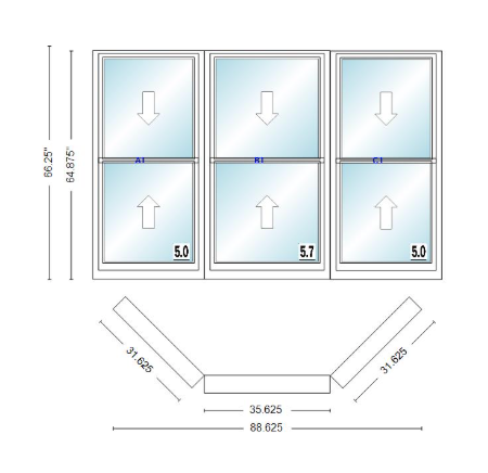 Andersen 400 Series Double Hung Bay Window 88 5/8" Wide Double Hung With Double Hung Flankers 45 Degree Angle Of Deflection Vinyl Exterior Wood Interior Low-E4 Dual Pane Argon Gas