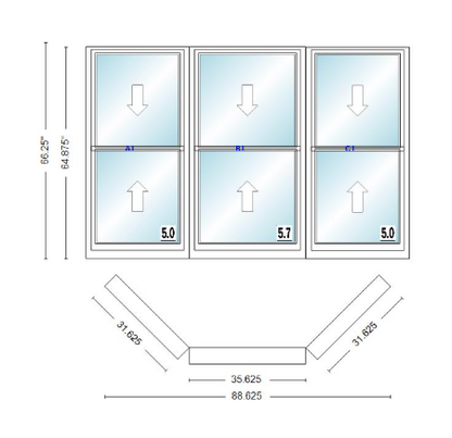 Andersen 400 Series Double Hung Bay Window 88 5/8" Wide Double Hung With Double Hung Flankers 45 Degree Angle Of Deflection Vinyl Exterior Wood Interior Low-E4 Dual Pane Argon Gas