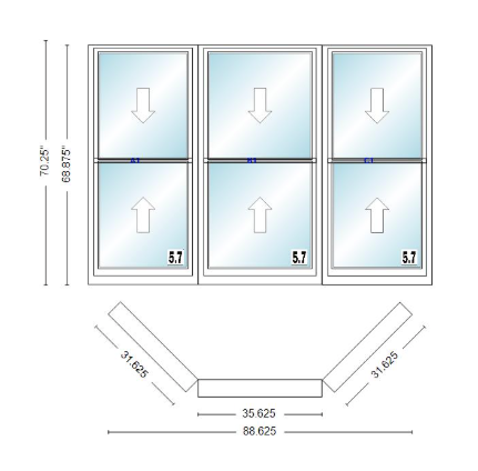Andersen 400 Series Double Hung Bay Window 88 5/8" Wide Double Hung With Double Hung Flankers 45 Degree Angle Of Deflection Vinyl Exterior Wood Interior Low-E4 Dual Pane Argon Gas