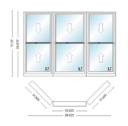 Andersen 400 Series Double Hung Bay Window 88 5/8" Wide Double Hung With Double Hung Flankers 45 Degree Angle Of Deflection Vinyl Exterior Wood Interior Low-E4 Dual Pane Argon Gas