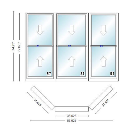 Andersen 400 Series Double Hung Bay Window 88 5/8" Wide Double Hung With Double Hung Flankers 45 Degree Angle Of Deflection Vinyl Exterior Wood Interior Low-E4 Dual Pane Argon Gas