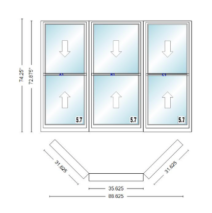 Andersen 400 Series Double Hung Bay Window 88 5/8" Wide Double Hung With Double Hung Flankers 45 Degree Angle Of Deflection Vinyl Exterior Wood Interior Low-E4 Dual Pane Argon Gas
