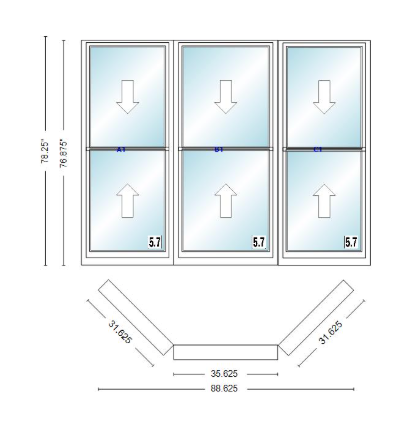 Andersen 400 Series Double Hung Bay Window 88 5/8" Wide Double Hung With Double Hung Flankers 45 Degree Angle Of Deflection Vinyl Exterior Wood Interior Low-E4 Dual Pane Argon Gas