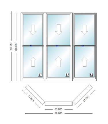 Andersen 400 Series Double Hung Bay Window 88 5/8" Wide Double Hung With Double Hung Flankers 45 Degree Angle Of Deflection Vinyl Exterior Wood Interior Low-E4 Dual Pane Argon Gas