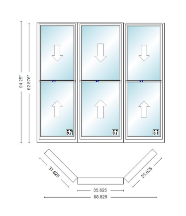 Andersen 400 Series Double Hung Bay Window 88 5/8" Wide Double Hung With Double Hung Flankers 45 Degree Angle Of Deflection Vinyl Exterior Wood Interior Low-E4 Dual Pane Argon Gas