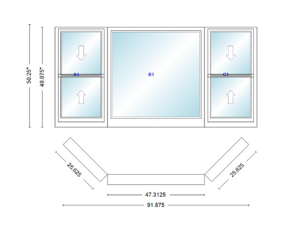Andersen 400 Series Double Hung Bay Window 91 7/8" Wide Picture With Double Hung Flankers 45 Degree Angle Of Deflection Vinyl Exterior Wood Interior Low-E4 Dual Pane Argon Gas
