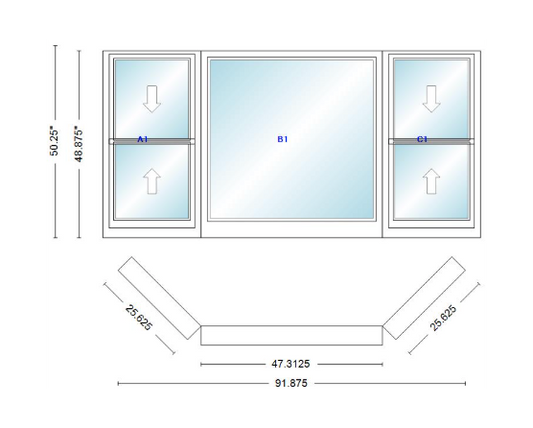 Andersen 400 Series Double Hung Bay Window 91 7/8" Wide Picture With Double Hung Flankers 45 Degree Angle Of Deflection Vinyl Exterior Wood Interior Low-E4 Dual Pane Argon Gas