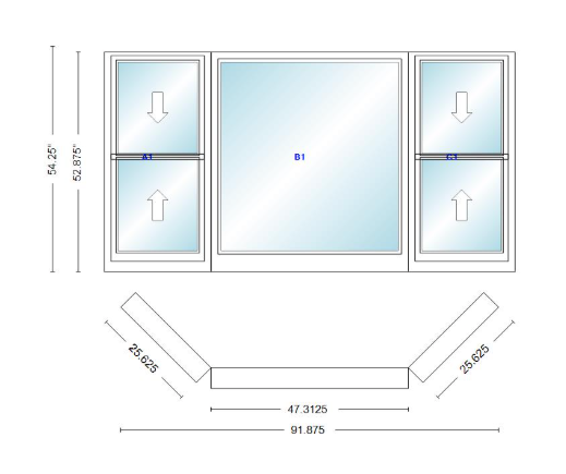 Andersen 400 Series Double Hung Bay Window 91 7/8" Wide Picture With Double Hung Flankers 45 Degree Angle Of Deflection Vinyl Exterior Wood Interior Low-E4 Dual Pane Argon Gas