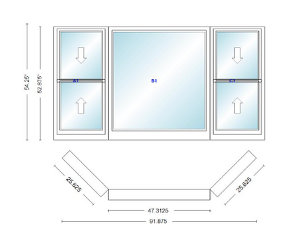 Andersen 400 Series Double Hung Bay Window 91 7/8" Wide Picture With Double Hung Flankers 45 Degree Angle Of Deflection Vinyl Exterior Wood Interior Low-E4 Dual Pane Argon Gas