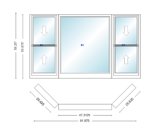 Andersen 400 Series Double Hung Bay Window 91 7/8" Wide Picture With Double Hung Flankers 45 Degree Angle Of Deflection Vinyl Exterior Wood Interior Low-E4 Dual Pane Argon Gas