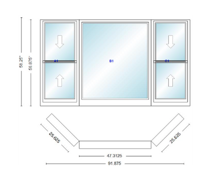 Andersen 400 Series Double Hung Bay Window 91 7/8" Wide Picture With Double Hung Flankers 45 Degree Angle Of Deflection Vinyl Exterior Wood Interior Low-E4 Dual Pane Argon Gas