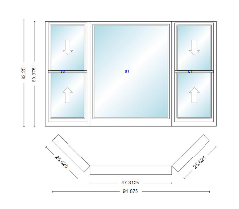 Andersen 400 Series Double Hung Bay Window 91 7/8" Wide Picture With Double Hung Flankers 45 Degree Angle Of Deflection Vinyl Exterior Wood Interior Low-E4 Dual Pane Argon Gas