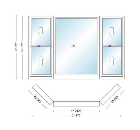 Andersen 400 Series Double Hung Bay Window 91 7/8" Wide Picture With Double Hung Flankers 45 Degree Angle Of Deflection Vinyl Exterior Wood Interior Low-E4 Dual Pane Argon Gas