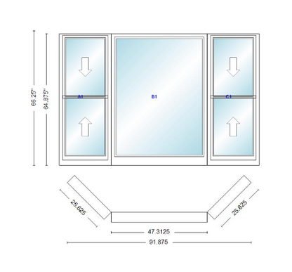 Andersen 400 Series Double Hung Bay Window 91 7/8" Wide Picture With Double Hung Flankers 45 Degree Angle Of Deflection Vinyl Exterior Wood Interior Low-E4 Dual Pane Argon Gas