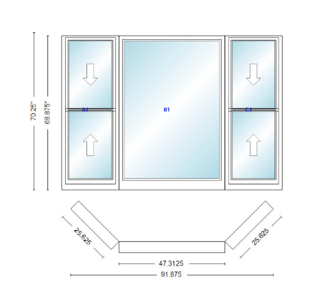 Andersen 400 Series Double Hung Bay Window 91 7/8" Wide Picture With Double Hung Flankers 45 Degree Angle Of Deflection Vinyl Exterior Wood Interior Low-E4 Dual Pane Argon Gas