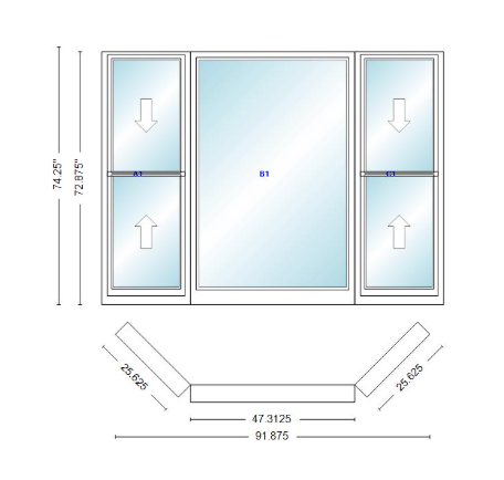 Andersen 400 Series Double Hung Bay Window 91 7/8" Wide Picture With Double Hung Flankers 45 Degree Angle Of Deflection Vinyl Exterior Wood Interior Low-E4 Dual Pane Argon Gas