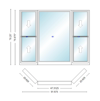 Andersen 400 Series Double Hung Bay Window 91 7/8" Wide Picture With Double Hung Flankers 45 Degree Angle Of Deflection Vinyl Exterior Wood Interior Low-E4 Dual Pane Argon Gas