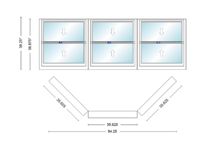 Andersen 400 Series Double Hung Bay Window 94 1/4" Wide Double Hung With Double Hung Flankers 45 Degree Angle Of Deflection Vinyl Exterior Wood Interior Low-E4 Dual Pane Argon Gas