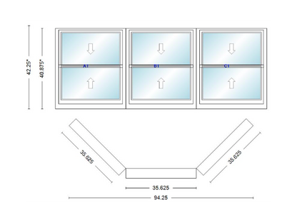 Andersen 400 Series Double Hung Bay Window 94 1/4" Wide Double Hung With Double Hung Flankers 45 Degree Angle Of Deflection Vinyl Exterior Wood Interior Low-E4 Dual Pane Argon Gas