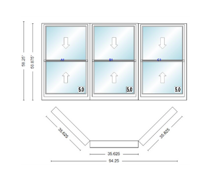 Andersen 400 Series Double Hung Bay Window 94 1/4" Wide Double Hung With Double Hung Flankers 45 Degree Angle Of Deflection Vinyl Exterior Wood Interior Low-E4 Dual Pane Argon Gas