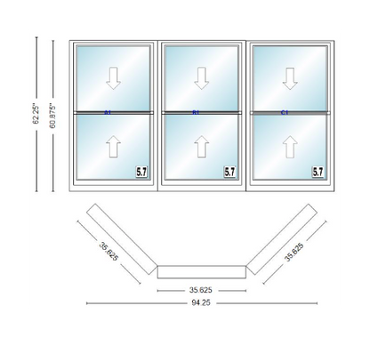 Andersen 400 Series Double Hung Bay Window 94 1/4" Wide Double Hung With Double Hung Flankers 45 Degree Angle Of Deflection Vinyl Exterior Wood Interior Low-E4 Dual Pane Argon Gas