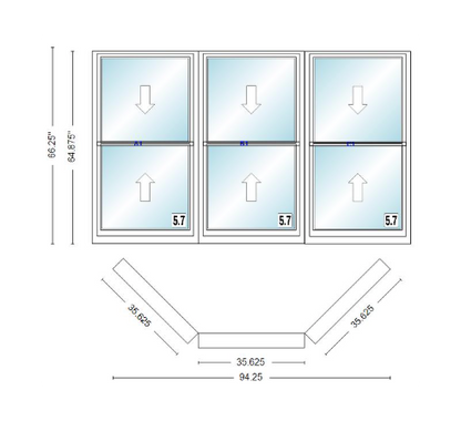 Andersen 400 Series Double Hung Bay Window 94 1/4" Wide Double Hung With Double Hung Flankers 45 Degree Angle Of Deflection Vinyl Exterior Wood Interior Low-E4 Dual Pane Argon Gas
