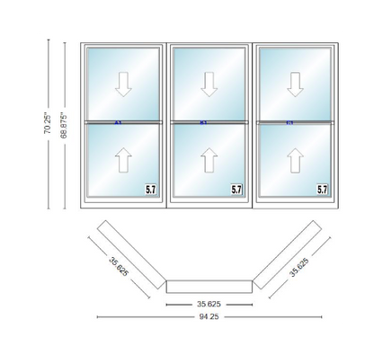 Andersen 400 Series Double Hung Bay Window 94 1/4" Wide Double Hung With Double Hung Flankers 45 Degree Angle Of Deflection Vinyl Exterior Wood Interior Low-E4 Dual Pane Argon Gas