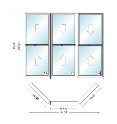 Andersen 400 Series Double Hung Bay Window 94 1/4" Wide Double Hung With Double Hung Flankers 45 Degree Angle Of Deflection Vinyl Exterior Wood Interior Low-E4 Dual Pane Argon Gas