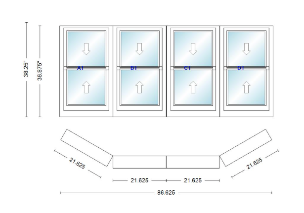 Andersen 400 Series Double Hung Bay Window 86 5/8" Wide Double Hung With Double Hung Flankers 30 Degree Angle Of Deflection Vinyl Exterior Wood Interior Low-E4 Dual Pane Argon Gas