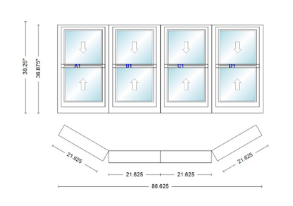 Andersen 400 Series Double Hung Bay Window 86 5/8" Wide Double Hung With Double Hung Flankers 30 Degree Angle Of Deflection Vinyl Exterior Wood Interior Low-E4 Dual Pane Argon Gas