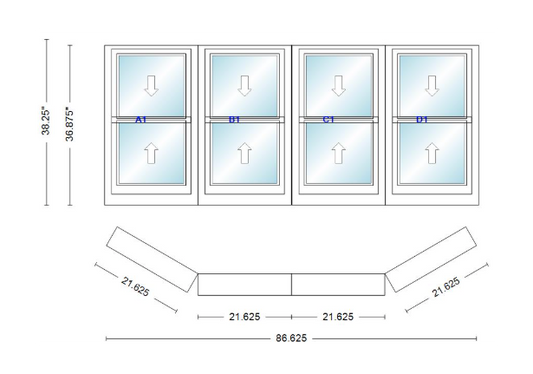 Andersen 400 Series Double Hung Bay Window 86 5/8" Wide Double Hung With Double Hung Flankers 30 Degree Angle Of Deflection Vinyl Exterior Wood Interior Low-E4 Dual Pane Argon Gas