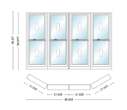 Andersen 400 Series Double Hung Bay Window 86 5/8" Wide Double Hung With Double Hung Flankers 30 Degree Angle Of Deflection Vinyl Exterior Wood Interior Low-E4 Dual Pane Argon Gas