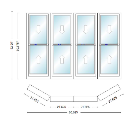 Andersen 400 Series Double Hung Bay Window 86 5/8" Wide Double Hung With Double Hung Flankers 30 Degree Angle Of Deflection Vinyl Exterior Wood Interior Low-E4 Dual Pane Argon Gas