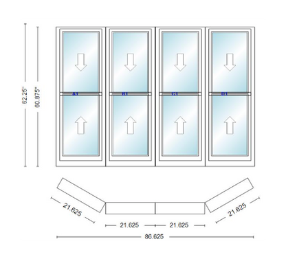 Andersen 400 Series Double Hung Bay Window 86 5/8" Wide Double Hung With Double Hung Flankers 30 Degree Angle Of Deflection Vinyl Exterior Wood Interior Low-E4 Dual Pane Argon Gas