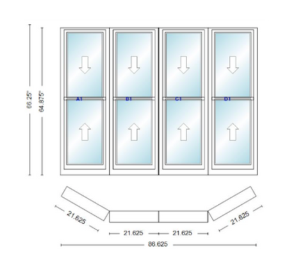 Andersen 400 Series Double Hung Bay Window 86 5/8" Wide Double Hung With Double Hung Flankers 30 Degree Angle Of Deflection Vinyl Exterior Wood Interior Low-E4 Dual Pane Argon Gas