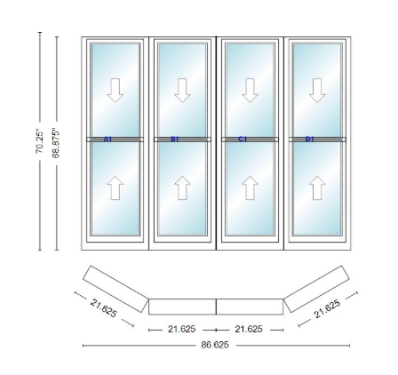 Andersen 400 Series Double Hung Bay Window 86 5/8" Wide Double Hung With Double Hung Flankers 30 Degree Angle Of Deflection Vinyl Exterior Wood Interior Low-E4 Dual Pane Argon Gas