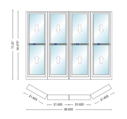 Andersen 400 Series Double Hung Bay Window 86 5/8" Wide Double Hung With Double Hung Flankers 30 Degree Angle Of Deflection Vinyl Exterior Wood Interior Low-E4 Dual Pane Argon Gas