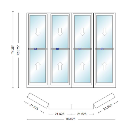 Andersen 400 Series Double Hung Bay Window 86 5/8" Wide Double Hung With Double Hung Flankers 30 Degree Angle Of Deflection Vinyl Exterior Wood Interior Low-E4 Dual Pane Argon Gas