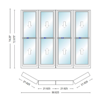 Andersen 400 Series Double Hung Bay Window 86 5/8" Wide Double Hung With Double Hung Flankers 30 Degree Angle Of Deflection Vinyl Exterior Wood Interior Low-E4 Dual Pane Argon Gas