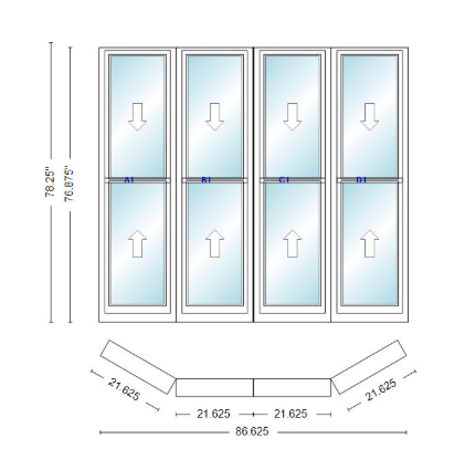 Andersen 400 Series Double Hung Bay Window 86 5/8" Wide Double Hung With Double Hung Flankers 30 Degree Angle Of Deflection Vinyl Exterior Wood Interior Low-E4 Dual Pane Argon Gas