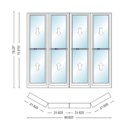 Andersen 400 Series Double Hung Bay Window 86 5/8" Wide Double Hung With Double Hung Flankers 30 Degree Angle Of Deflection Vinyl Exterior Wood Interior Low-E4 Dual Pane Argon Gas