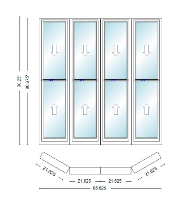 Andersen 400 Series Double Hung Bay Window 86 5/8" Wide Double Hung With Double Hung Flankers 30 Degree Angle Of Deflection Vinyl Exterior Wood Interior Low-E4 Dual Pane Argon Gas