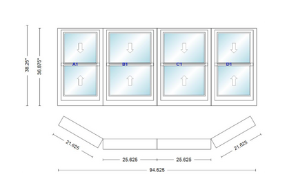 Andersen 400 Series Double Hung Bay Window 94 5/8" Wide Double Hung With Double Hung Flankers 30 Degree Angle Of Deflection Vinyl Exterior Wood Interior Low-E4 Dual Pane Argon Gas