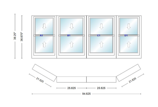 Andersen 400 Series Double Hung Bay Window 94 5/8" Wide Double Hung With Double Hung Flankers 30 Degree Angle Of Deflection Vinyl Exterior Wood Interior Low-E4 Dual Pane Argon Gas